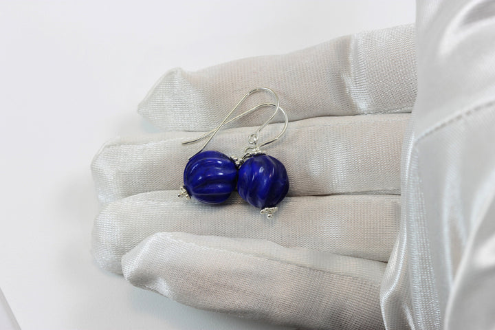 Blue Lapis Earrings Lazuli Natural Round Carved Swirl Drop Sterling Silver 14k solid gold or 14k Gold Filled Rich Beaded Accents