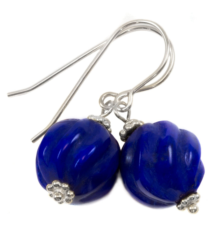Blue Lapis Earrings Lazuli Natural Round Carved Swirl Drop Sterling Silver 14k solid gold or 14k Gold Filled Rich Beaded Accents