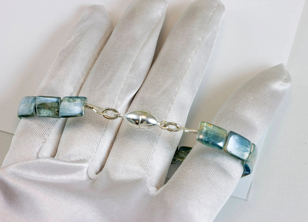 Kyanite Bracelet Yellow 14k Gold Plate or Silver Silvery Blue Very Rare Rectangle Cut and Color 7" Iridescent Unique Color - Spyglass Designs