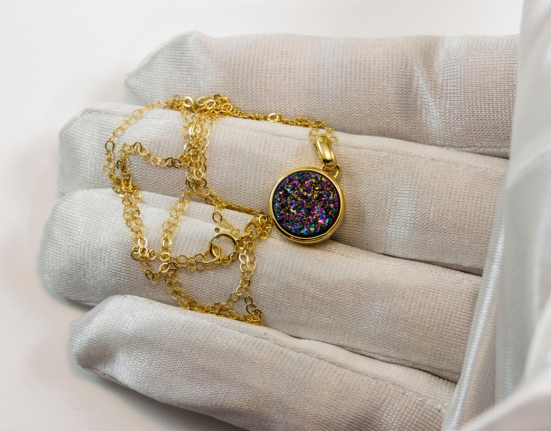 Drusy Pendant Necklace 14k Gold Fill Bezeled Black Peacock Blue Silver Variety Purple Heart Round Square Teardrop Small Dainty 20 Inch Chain