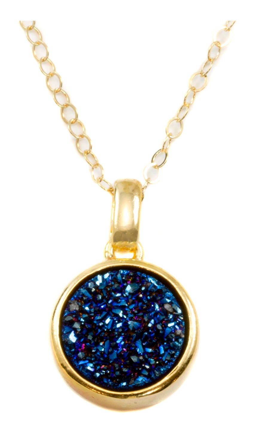 Drusy Pendant Necklace 14k Gold Fill Bezeled Black Peacock Blue Silver Variety Purple Heart Round Square Teardrop Small Dainty 20 Inch Chain