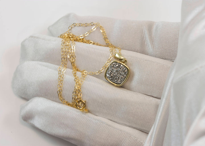 Drusy Pendant Necklace 14k Gold Fill Bezeled Black Peacock Blue Silver Variety Purple Heart Round Square Teardrop Small Dainty 20 Inch Chain