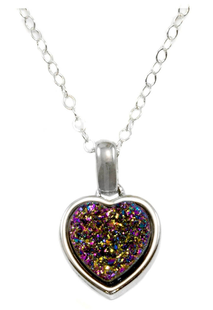 Drusy Pendant Necklace Sterling Silver Bezeled Black Peacock Blue Silver Variety Purple Heart Round Square Teardrop Small Dainty 20 Inch