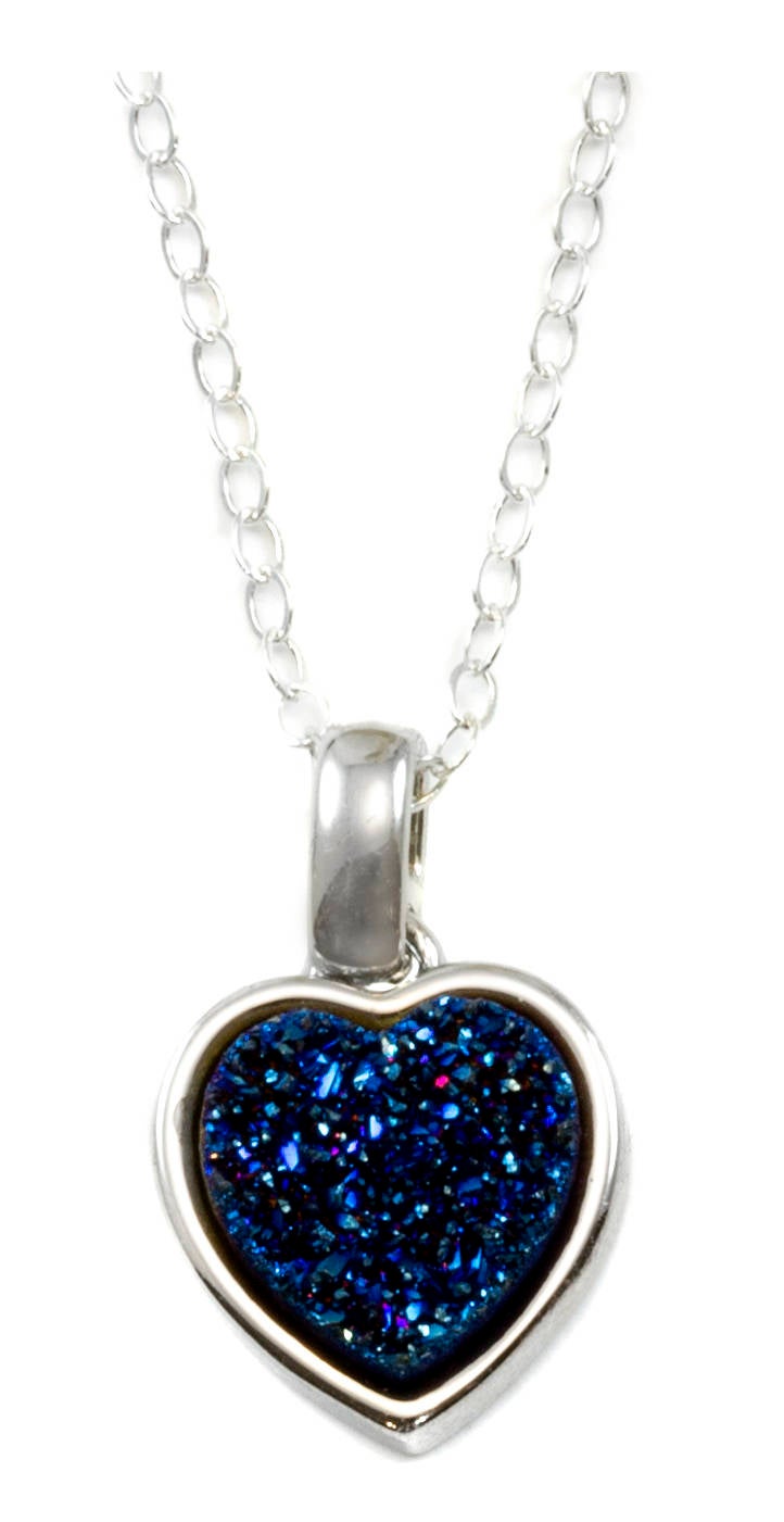 Drusy Pendant Necklace Sterling Silver Bezeled Black Peacock Blue Silver Variety Purple Heart Round Square Teardrop Small Dainty 20 Inch