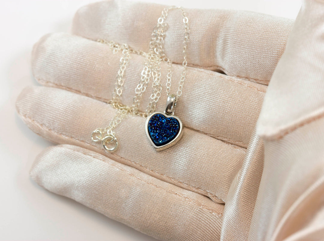 Drusy Pendant Necklace Sterling Silver Bezeled Black Peacock Blue Silver Variety Purple Heart Round Square Teardrop Small Dainty 20 Inch