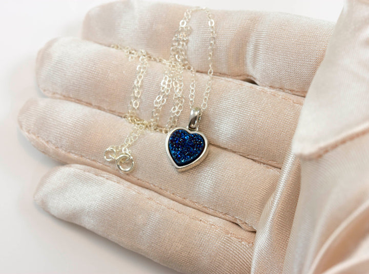 Drusy Pendant Necklace Sterling Silver Bezeled Black Peacock Blue Silver Variety Purple Heart Round Square Teardrop Small Dainty 20 Inch