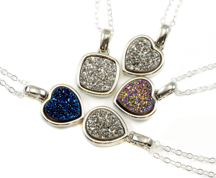 Drusy Pendant Necklace Sterling Silver Bezeled Black Peacock Blue Silver Variety Purple Heart Round Square Teardrop Small Dainty 20 Inch
