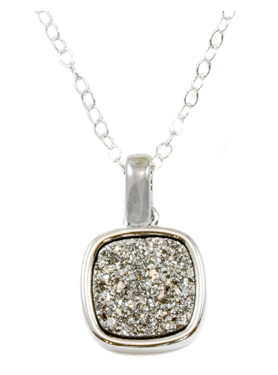 Drusy Pendant Necklace Sterling Silver Bezeled Black Peacock Blue Silver Variety Purple Heart Round Square Teardrop Small Dainty 20 Inch