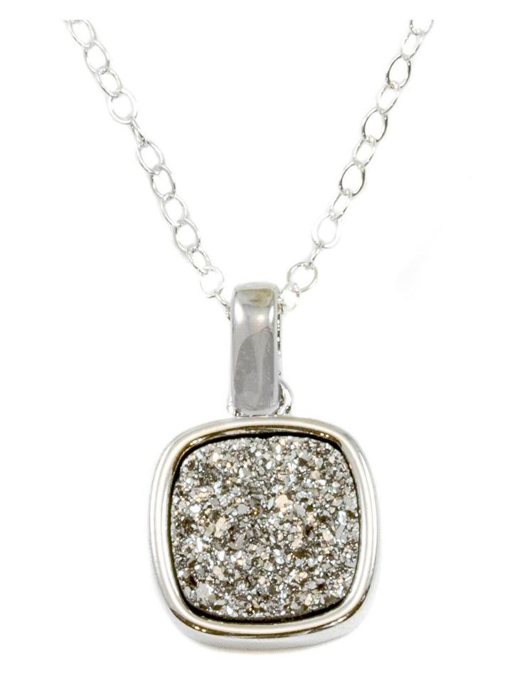 Drusy Pendant Necklace Sterling Silver Bezeled Black Peacock Blue Silver Variety Purple Heart Round Square Teardrop Small Dainty 20 Inch