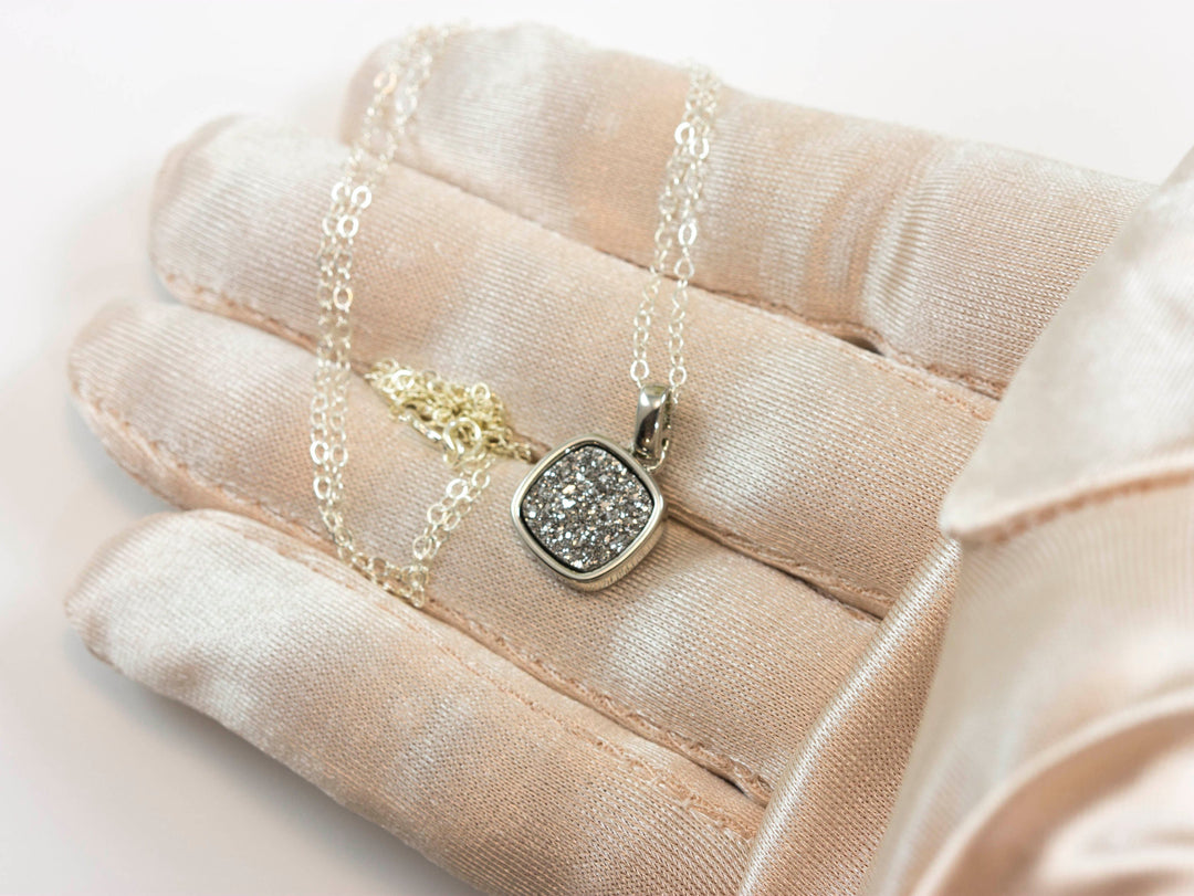 Drusy Pendant Necklace Sterling Silver Bezeled Black Peacock Blue Silver Variety Purple Heart Round Square Teardrop Small Dainty 20 Inch