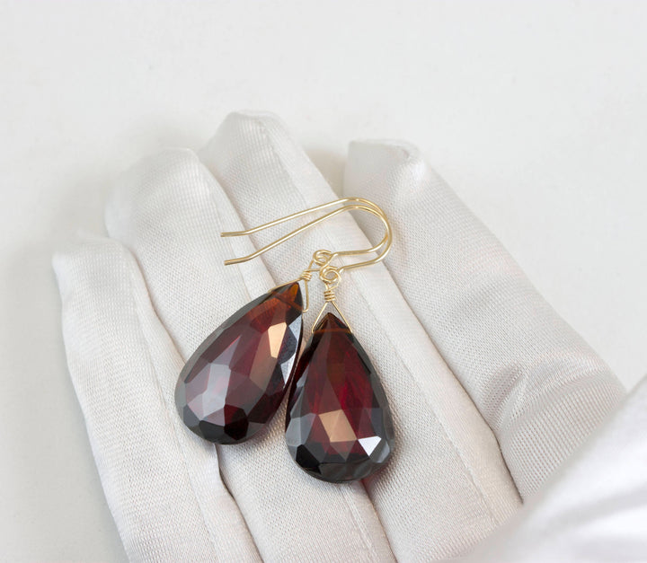 Deep Red Simulated Garnet Earrings Facet Large Pear Teardrop Drop Dangle 14k Solid Gold or Yellow or Rose Filled or Sterling Silver Classic