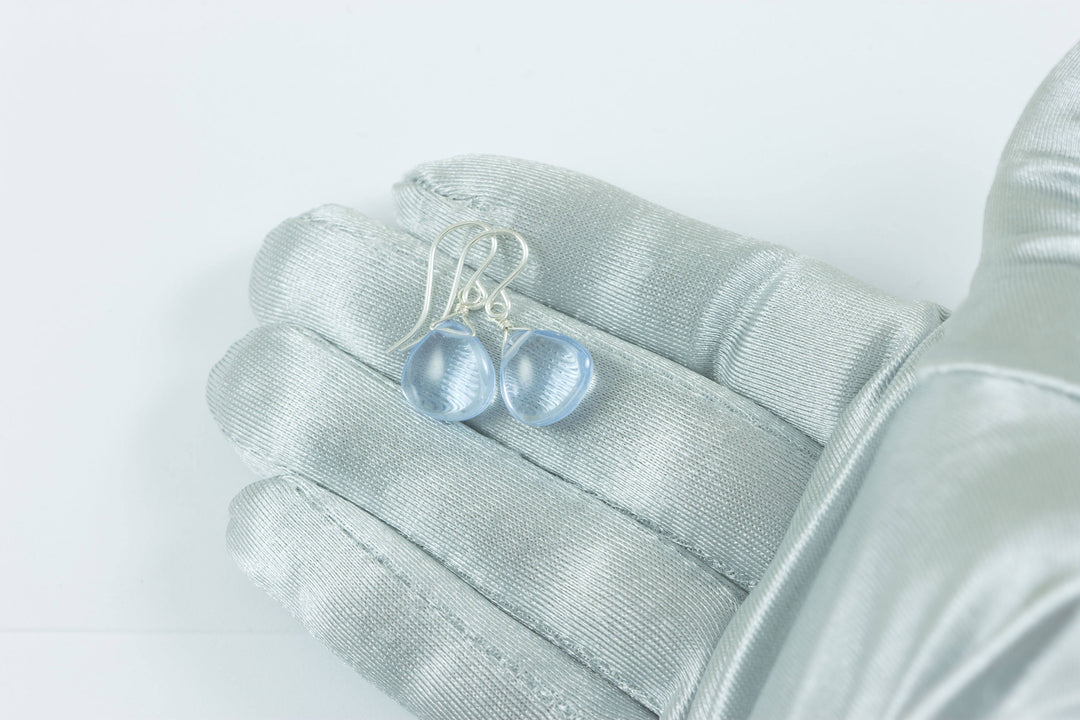 Ice Blue simulated Topaz Earrings Smooth Heart Teardrop Sterling Silver or 14k Solid Gold or Filled Soft Pale Blue lightweight classic drops