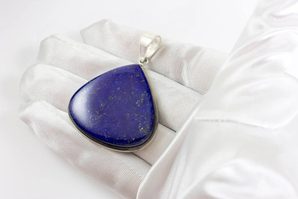 Lapis Lazuli Necklace Pendant Large Fat Teardrop Sterling Silver Simple Contemporary Natural Pyrite Flecks Rich Blue Bezel Set - Spyglass Designs