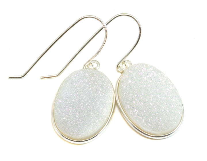 White Drusy Earrings Druzy Teardrop Oval 14k solid gold or filled or sterling silver Large Bezel Simple Drops Fine Drusy Quartz Light