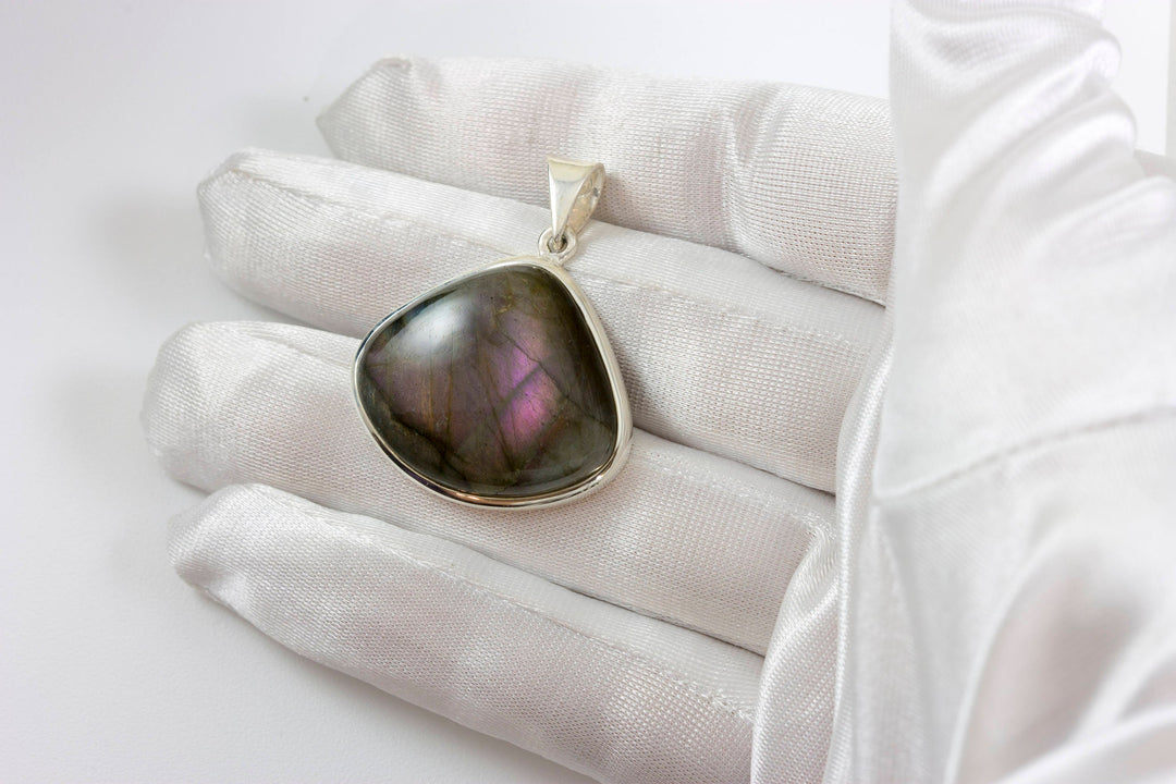 Purple Labradorite Necklace Pendant Sterling Silver Bezel Set Large Fat Teardrop Shape AAA Spyglass Designs Natural Flash Rare Color
