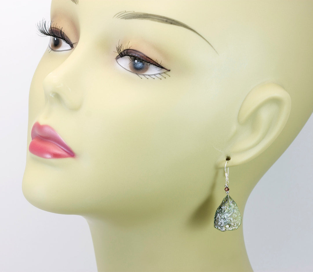 Roman Glass Earrings Antique Blue Teardrops Sterling Silver Garnet accents Pale Soft Green Iridescent Unique Ancient Drops