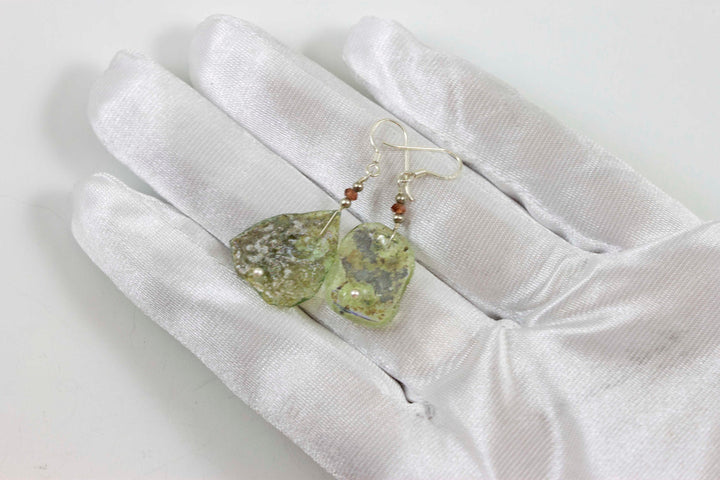 Roman Glass Earrings Antique Blue Teardrops Sterling Silver Garnet accents Pale Soft Green Iridescent Unique Ancient Drops