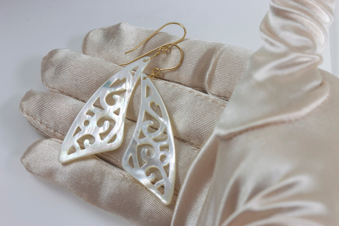 Mother of Pearl Earrings White Shell Carved Relief Triangle Teardrop Natural 14k Gold or Filled or Sterling Silver Large MOP Drops 2.6 Inch