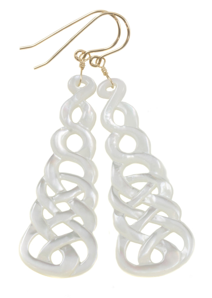 Mother of Pearl Earrings White Shell Carved Relief Celtic Infinity Knot Teardrop Natural 14k Gold or Filled or Sterling Silver Large MOP 2.5