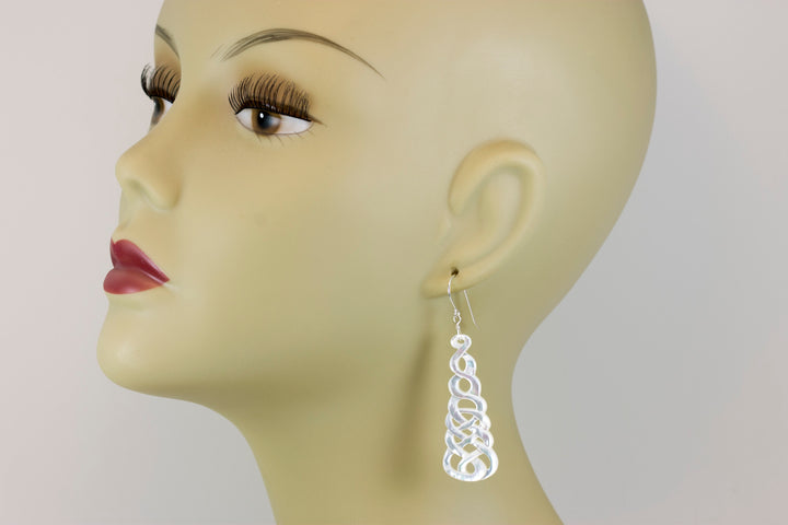Mother of Pearl Earrings White Shell Carved Relief Celtic Infinity Knot Teardrop Natural 14k Gold or Filled or Sterling Silver Large MOP 2.5