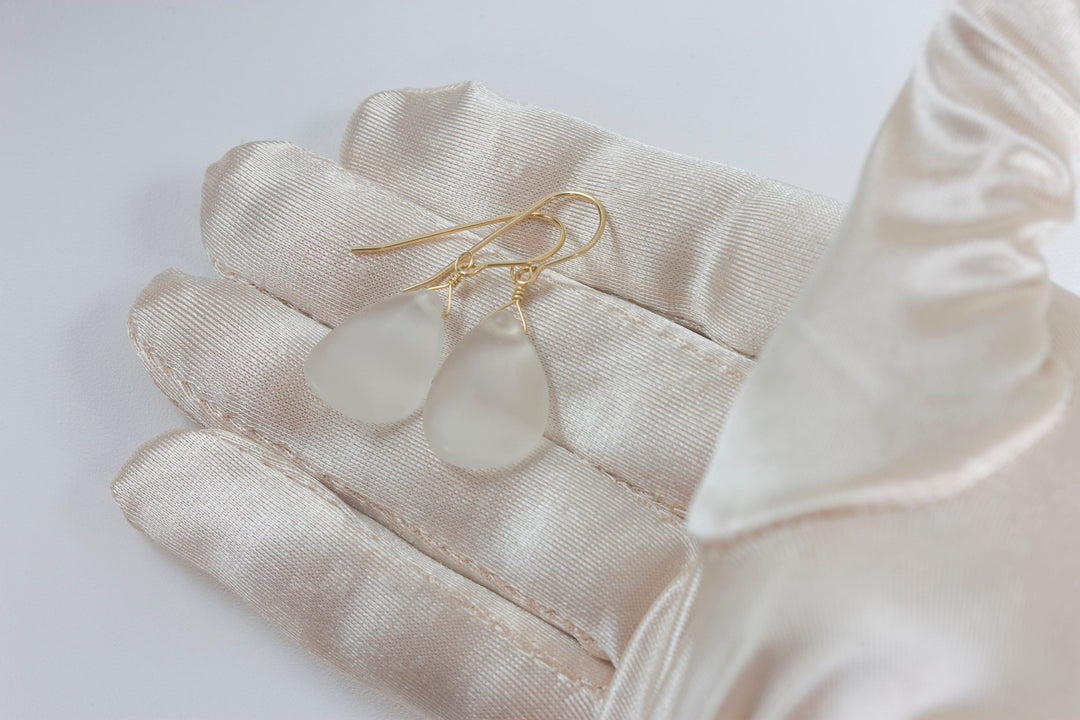 Clear Quartz Earrings Frosted Matte Finish Curved Petal Teardrop Drops 14k Solid Gold or Filled or Sterling Silver Smooth Classic Simple