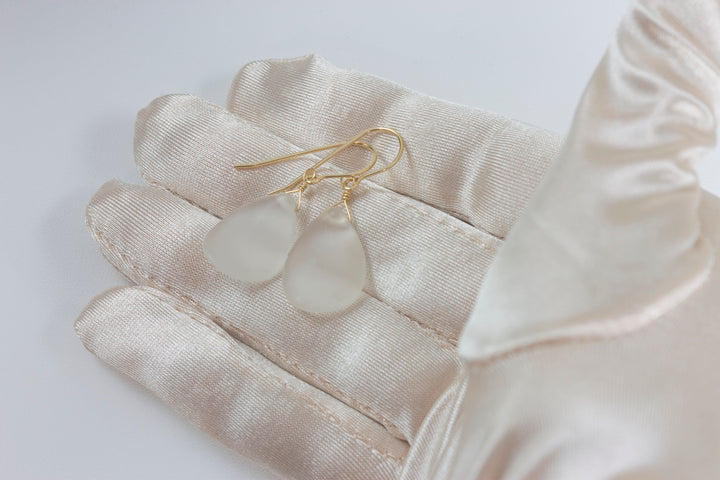 Clear Quartz Earrings Frosted Matte Finish Curved Petal Teardrop Drops 14k Solid Gold or Filled or Sterling Silver Smooth Classic Simple