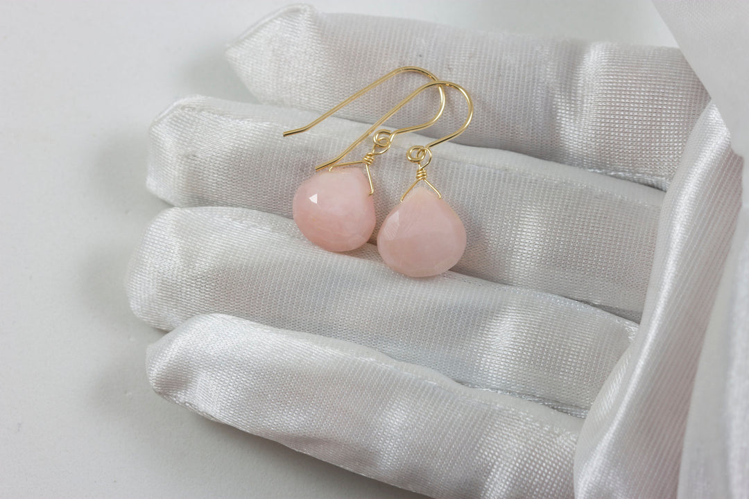 Pink Peruvian Opal Earrings Faceted Heart Shaped Teardrops 14k Solid Gold or Filled or Sterling Silver Natural Earthy soft pink dainty Drops
