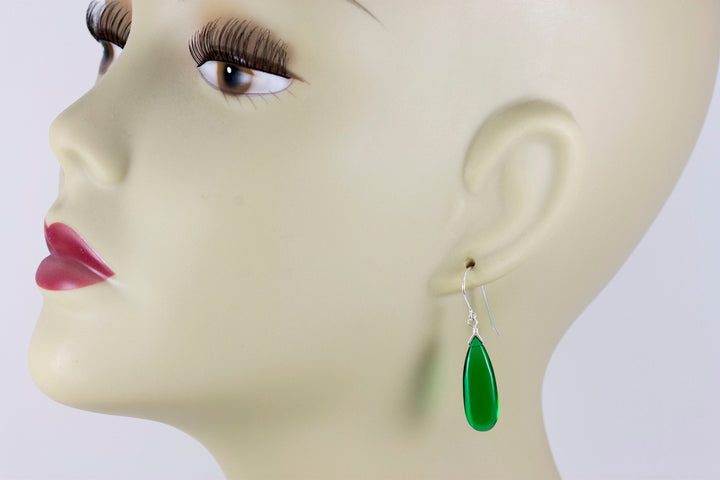 Emerald Green Earrings Smooth Long Simulated Emerald Teardrop Drop Dangle Sterling Silver or 14k Solid Gold or Filled Simple Basic Classic