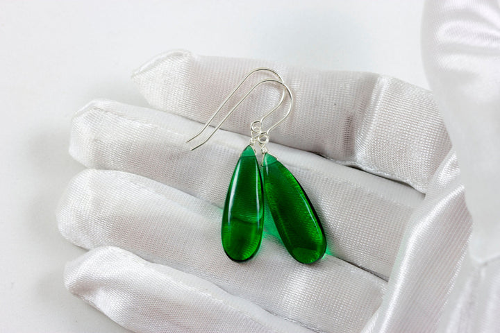Emerald Green Earrings Smooth Long Simulated Emerald Teardrop Drop Dangle Sterling Silver or 14k Solid Gold or Filled Simple Basic Classic