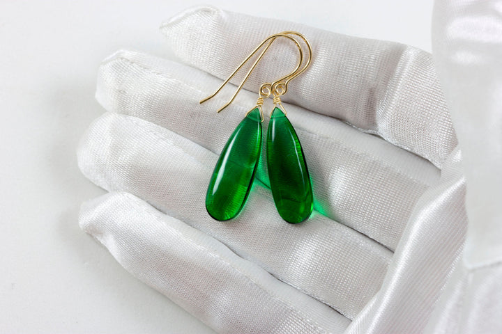 Emerald Green Earrings Smooth Long Simulated Emerald Teardrop Drop Dangle Sterling Silver or 14k Solid Gold or Filled Simple Basic Classic
