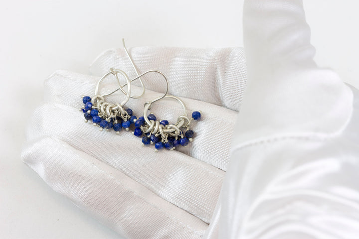 Lapis Lazuli Earrings Natural Blue Clusters Blue Drops Sterling Silver Faceted Multiple Stones Grouped Dangles