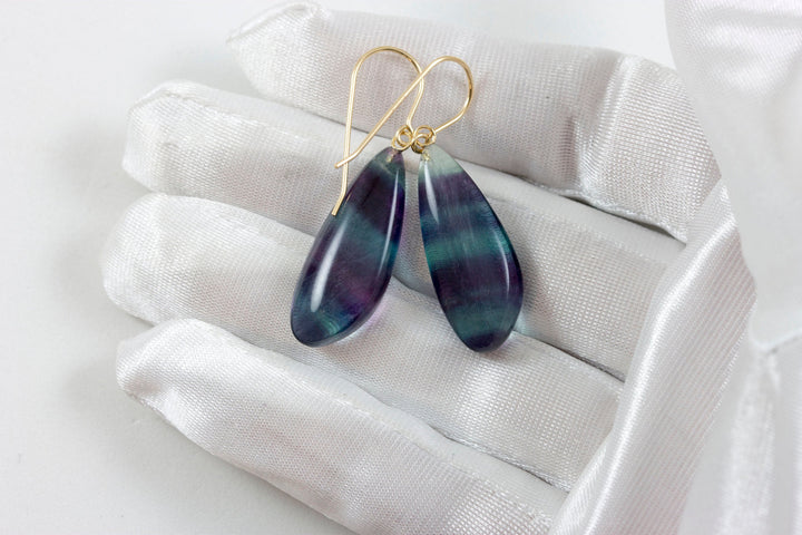Fluorite Earrings Smooth Teardrop 14k solid gold or filled or Sterling silver Flourite Natural Purple Green Teal Striped Curved Cut Drops