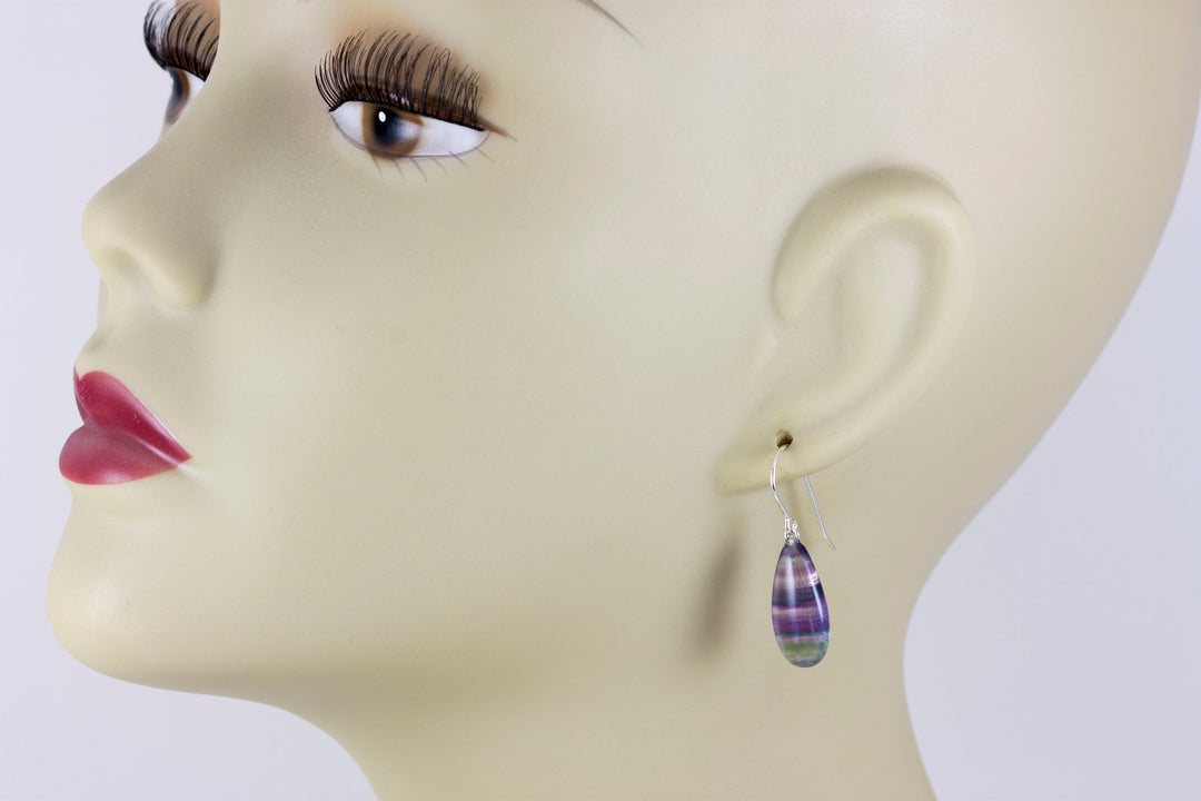 Fluorite Earrings Smooth Teardrop 14k solid gold or filled or Sterling silver Flourite Natural Purple Lavender Teal Striped Curved Cut Drops