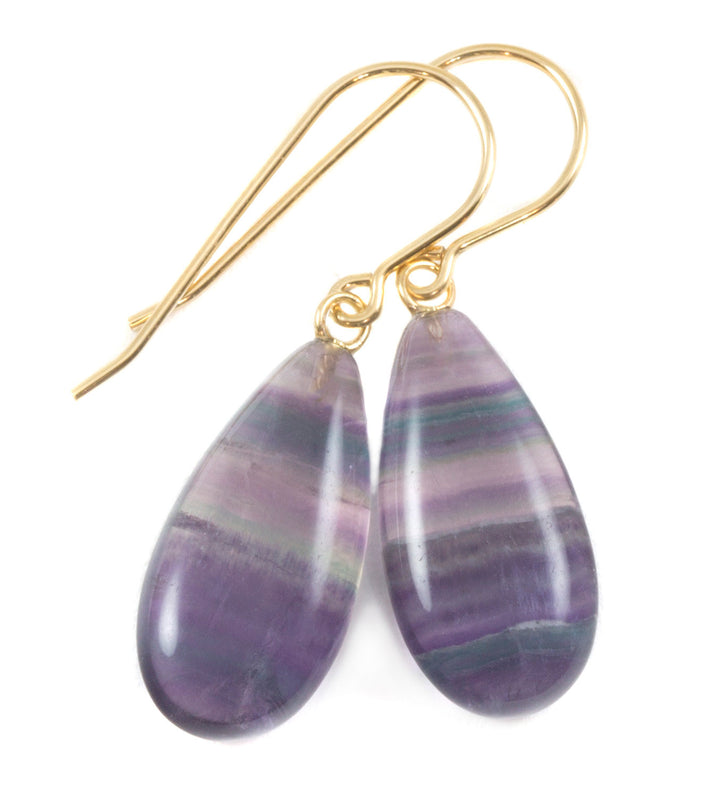 Fluorite Earrings Smooth Teardrop 14k solid gold or filled or Sterling silver Flourite Natural Purple Lavender Teal Striped Curved Cut Drops