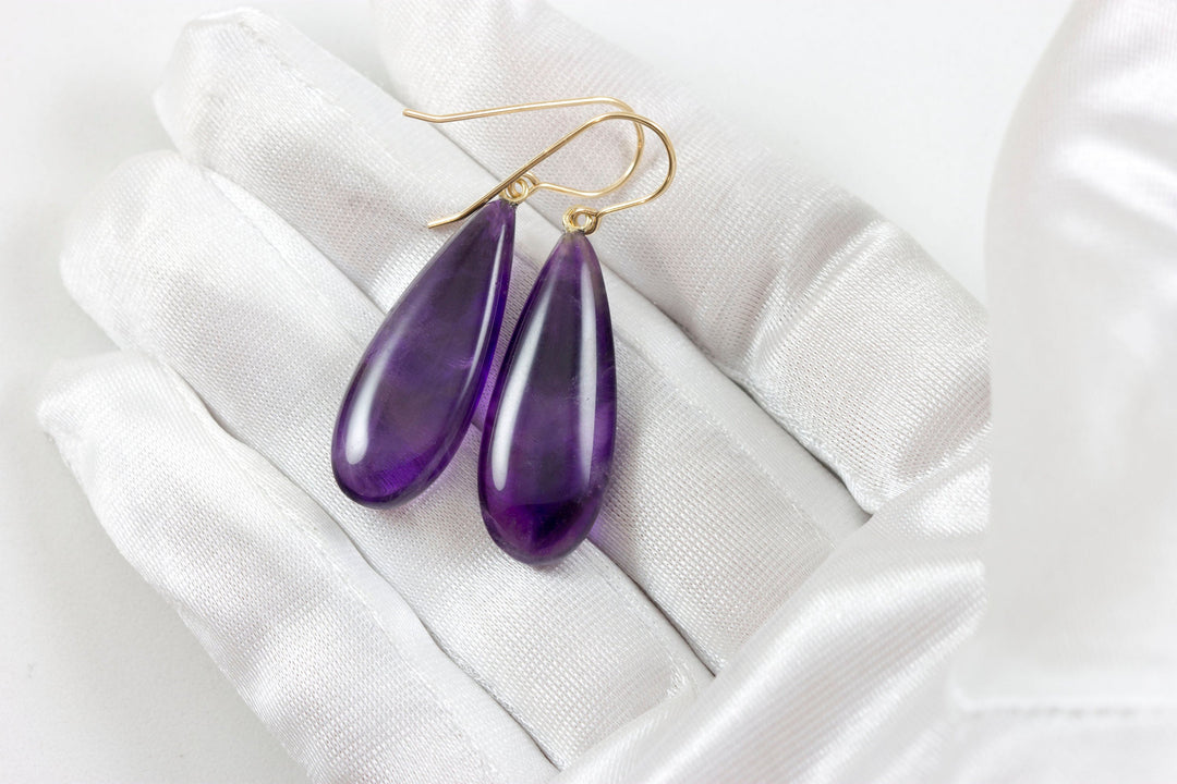 Purple Amethyst Earrings Smooth Pear Natural 14k Solid Gold or Filled or Sterling Silver Teardrop Rich Deep Purple Large Long