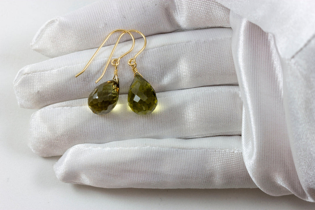 Green Olive Quartz Earrings Teardrop Fat Rounded Briolette Natural Smokey Drops 14k Solid Gold or 14k Gold Filled or Sterling Silver Faceted