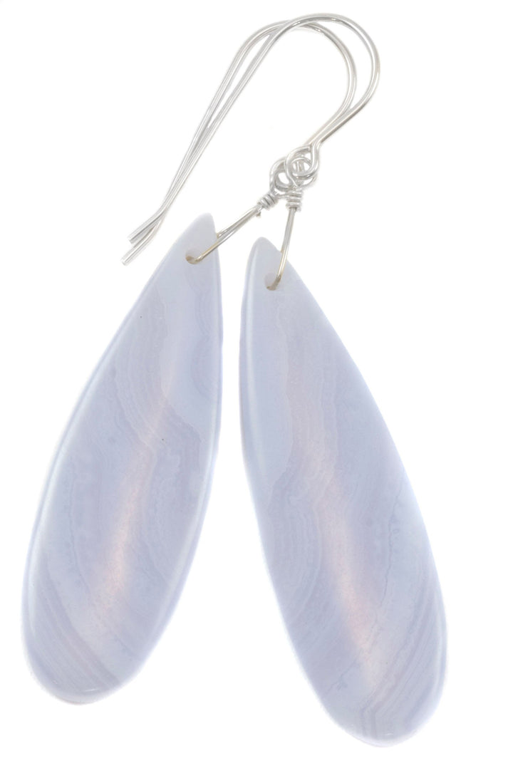 Blue Lace Agate Earrings 14k solid gold or filled or Sterling Silver Smooth Long Dangle Drops Natural Banding Soft blue Simple Drops 2.3 In