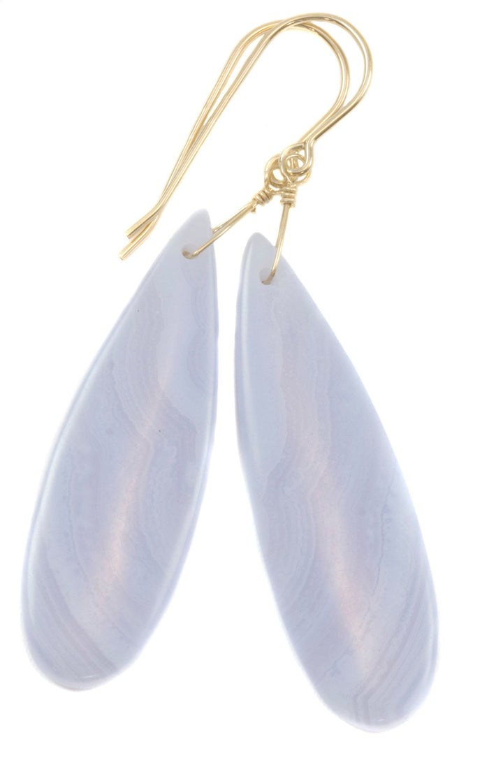 Blue Lace Agate Earrings 14k solid gold or filled or Sterling Silver Smooth Long Dangle Drops Natural Banding Soft blue Simple Drops 2.3 In