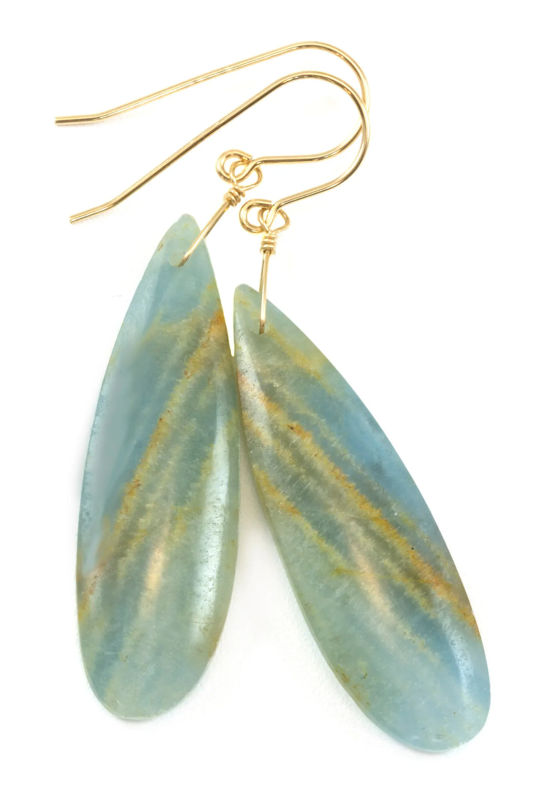 Blue Aqua Calcite Earrings 14k solid gold or filled or Sterling Silver Smooth Long Dangle Drops Natural Banding Soft blue Simple Drop 2.3 In - Spyglass Designs
