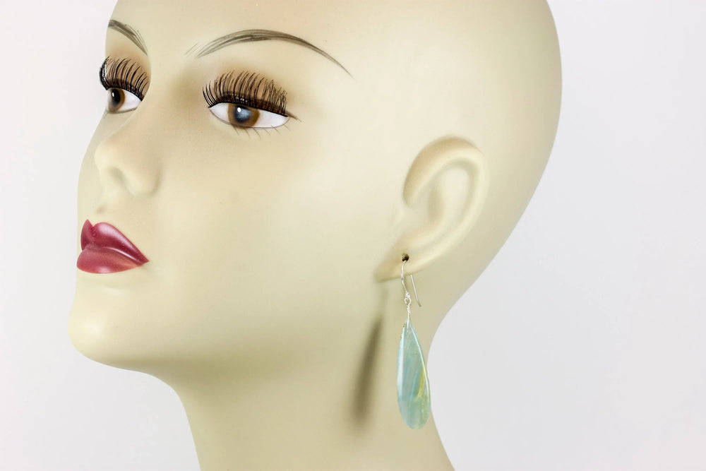 Blue Aqua Calcite Earrings 14k solid gold or filled or Sterling Silver Smooth Long Dangle Drops Natural Banding Soft blue Simple Drop 2.3 In - Spyglass Designs