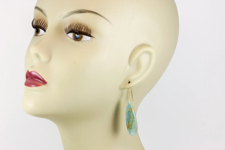 Blue Aqua Calcite Earrings 14k solid gold or filled or Sterling Silver Smooth Long Dangle Drops Natural Banding Soft blue Simple Drop 2.3 In - Spyglass Designs