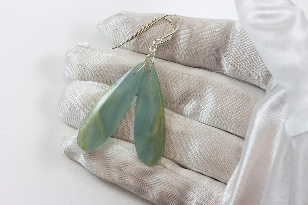 Blue Aqua Calcite Earrings 14k solid gold or filled or Sterling Silver Smooth Long Dangle Drops Natural Banding Soft blue Simple Drop 2.3 In - Spyglass Designs