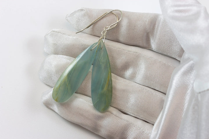 Blue Aqua Calcite Earrings 14k solid gold or filled or Sterling Silver Smooth Long Dangle Drops Natural Banding Soft blue Simple Drop 2.3 In - Spyglass Designs