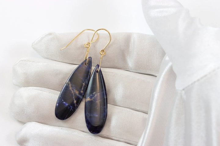 Orange Sodalite Earrings Deep Blue 14k solid gold or filled or Sterling Silver Smooth Long Dangle Drops Natural Simple Drops 2.3 In - Spyglass Designs