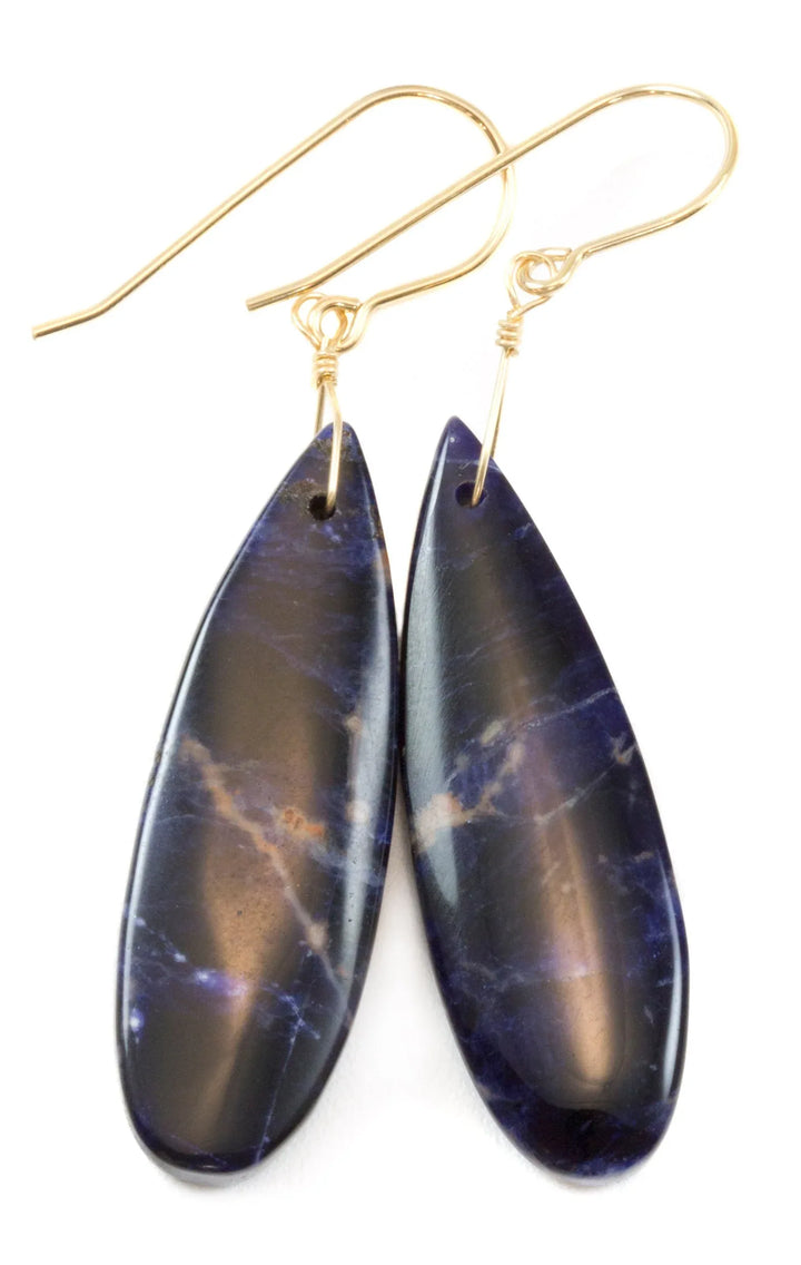 Orange Sodalite Earrings Deep Blue 14k solid gold or filled or Sterling Silver Smooth Long Dangle Drops Natural Simple Drops 2.3 In - Spyglass Designs