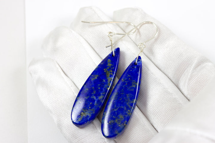 Lapis Lazuli Earrings Blue Pyrite Flecks 14k solid gold or filled or Sterling Silver Smooth Long Dangle Natural Simple Drops 2.3 In