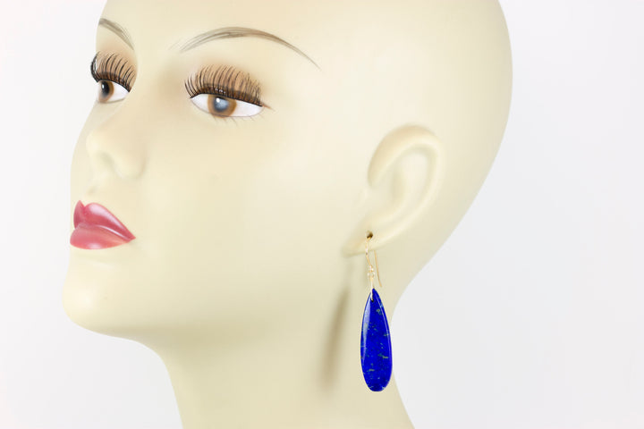 Lapis Lazuli Earrings Blue Pyrite Flecks 14k solid gold or filled or Sterling Silver Smooth Long Dangle Natural Simple Drops 2.3 In