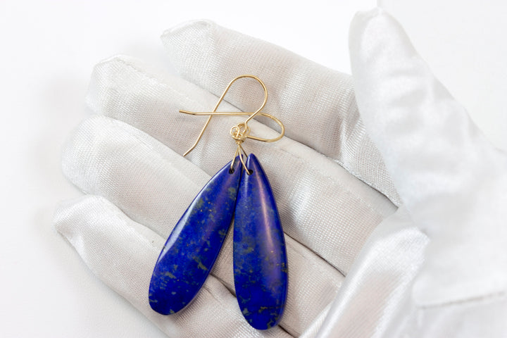 Lapis Lazuli Earrings Blue Pyrite Flecks 14k solid gold or filled or Sterling Silver Smooth Long Dangle Natural Simple Drops 2.3 In