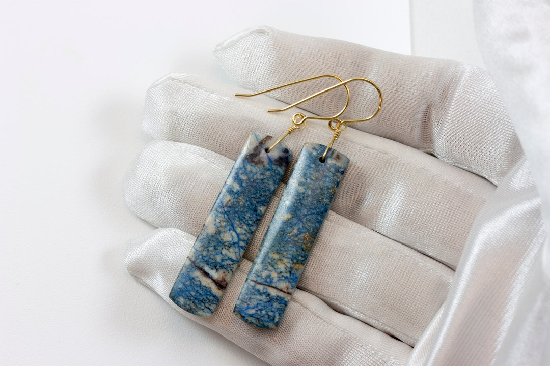 Azurite Earrings Lightning Blue Marbled Striped 14k solid gold or filled or Sterling Silver Smooth Long Rectangle Natural Matte Drops 2.3 In