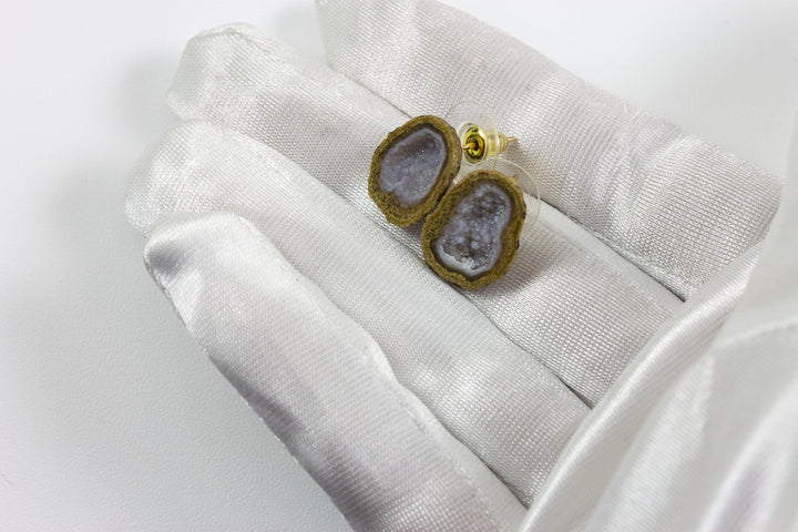 Baby Geode Earrings Tabasco Soft White Gray Druzy Post Studs 14k Gold Filled Small Natural Drusy Quartz Halved Geodes Paired AAA
